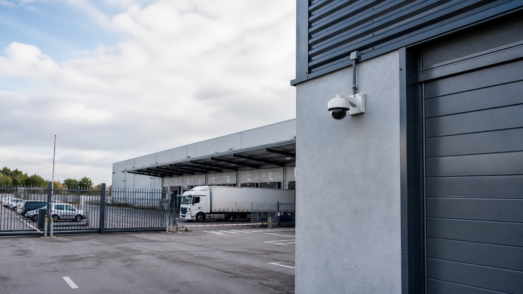 Professional surveillance camera installed at a logistics facility entrance