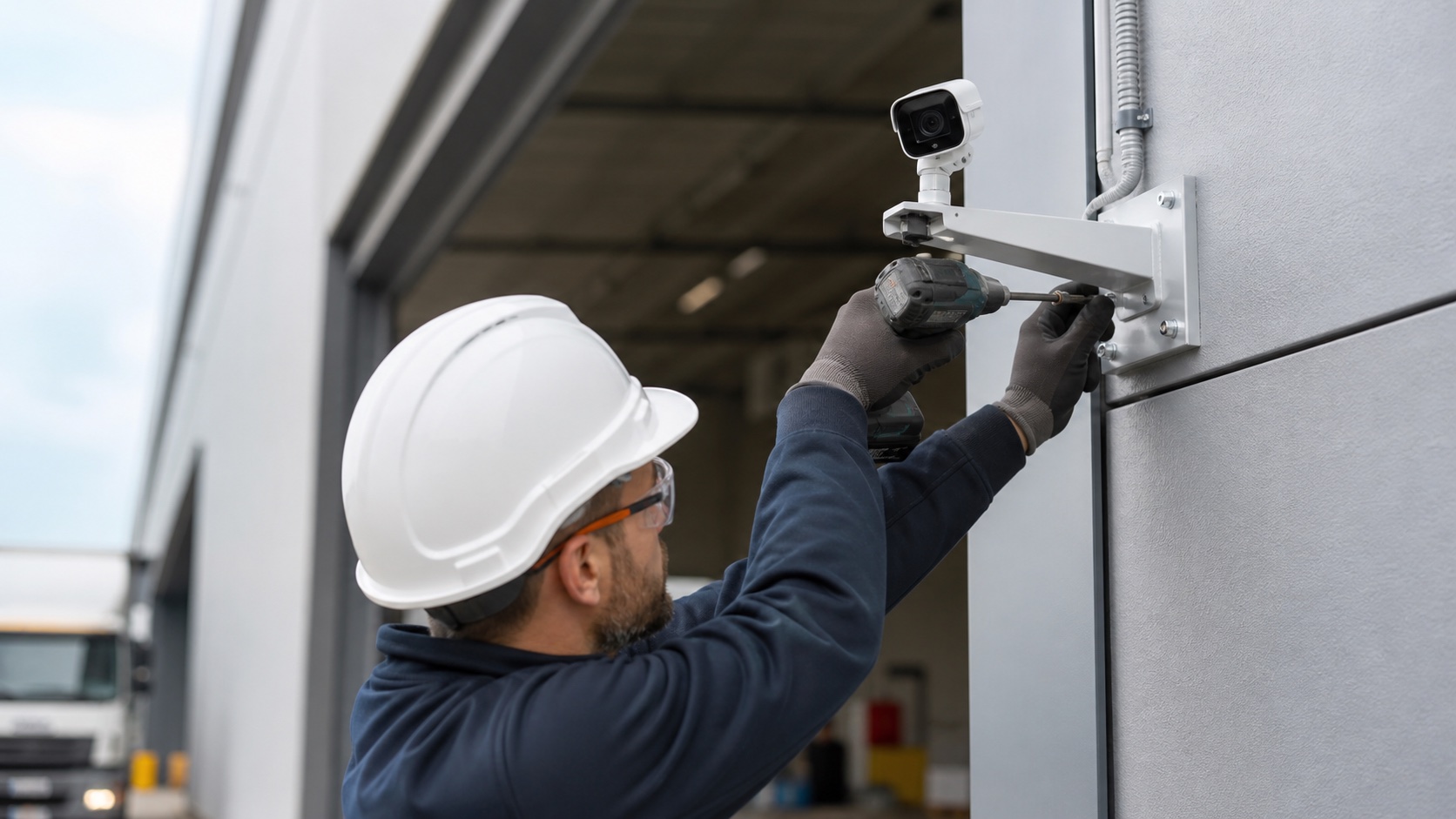 Professional installer fitting a security camera mounting bracket and cabling